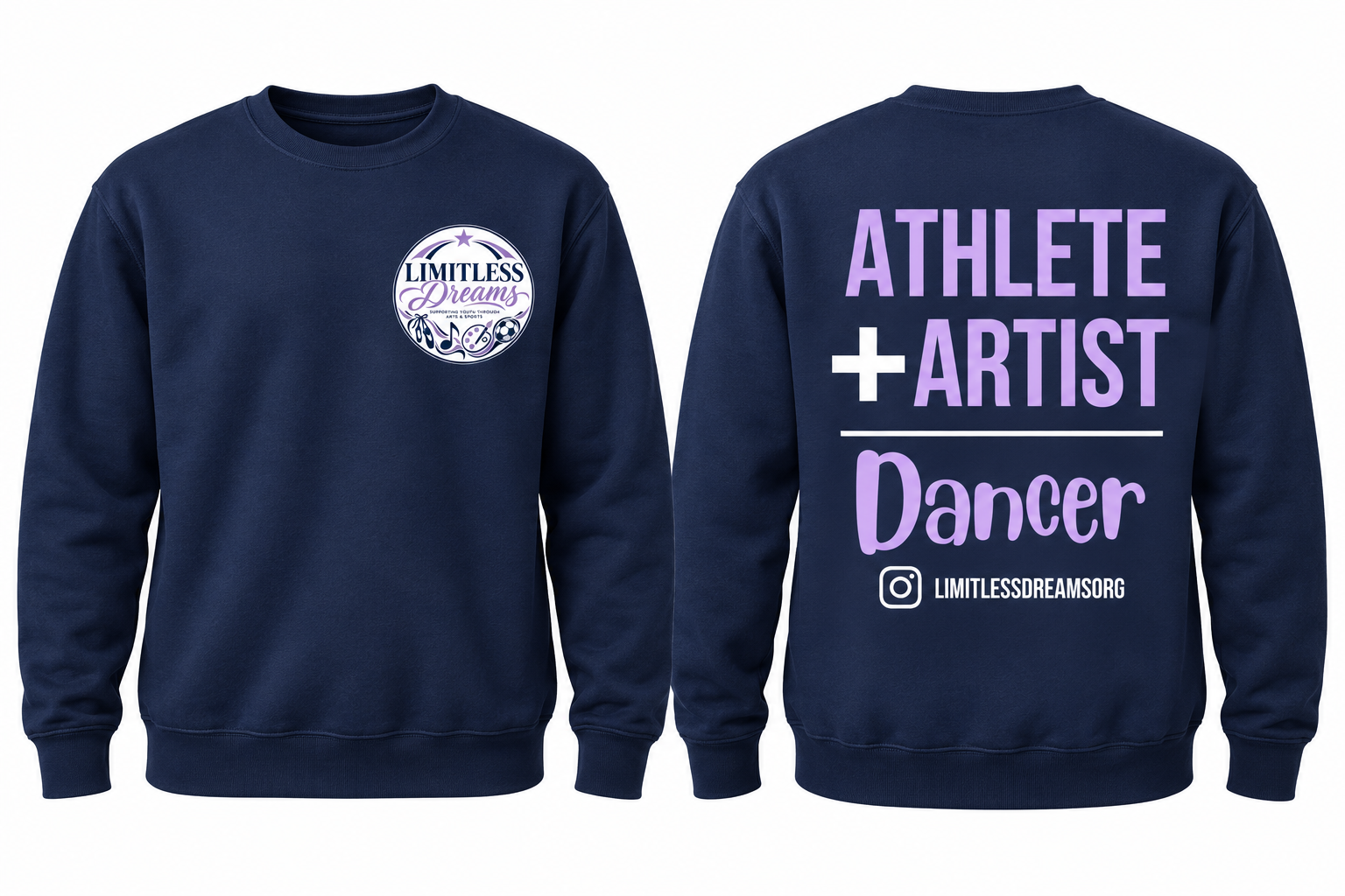 Limitless Dreams navy dancer sweat front and back mockup; illustrative placement preview