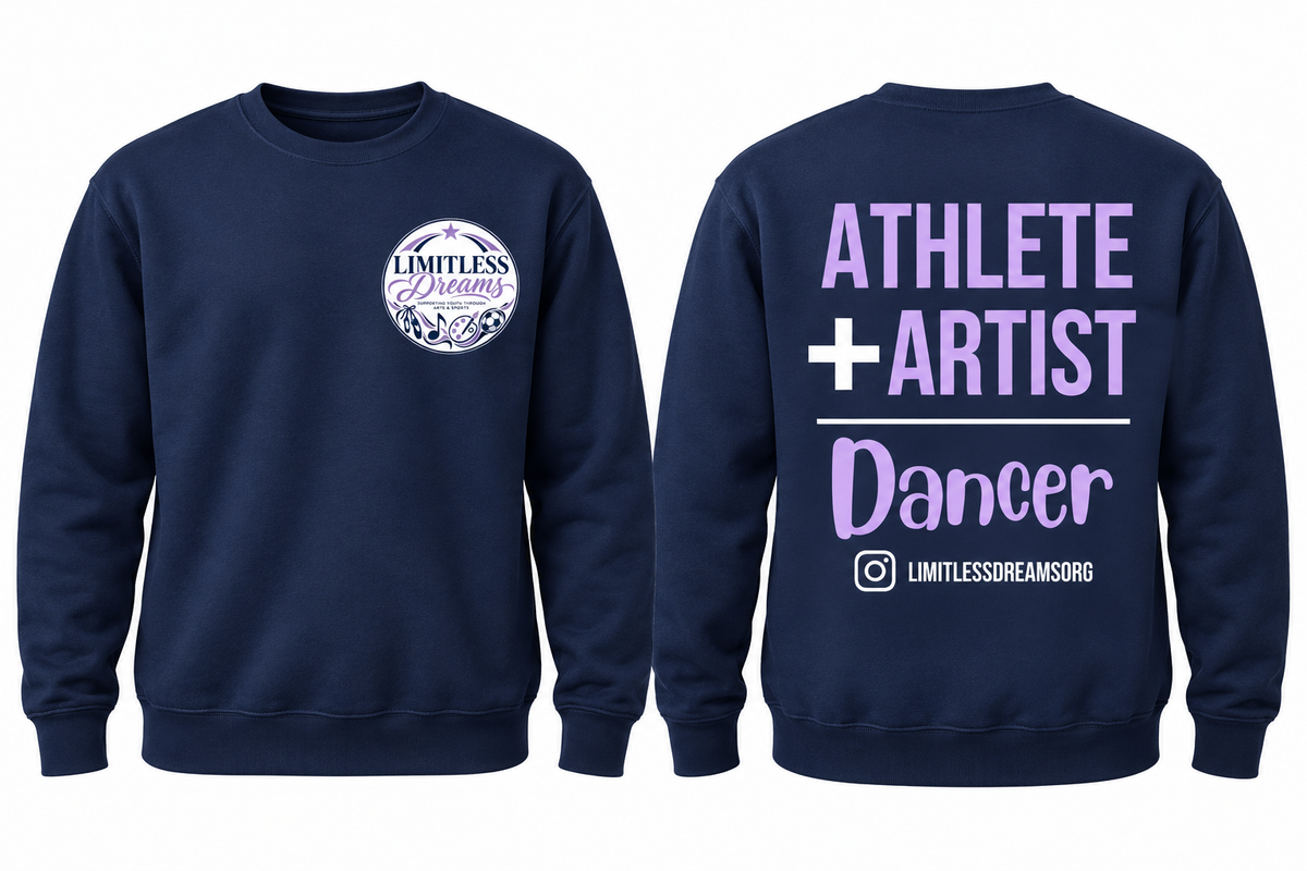 Limitless Dreams navy dancer sweat front and back mockup; illustrative placement preview