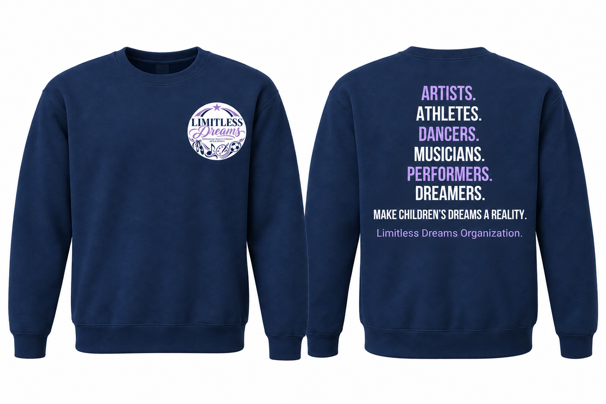 Limitless Dreams navy statement sweat front and back mockup; illustrative placement preview