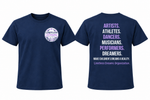 Limitless Dreams navy statement tee front and back mockup; illustrative placement preview