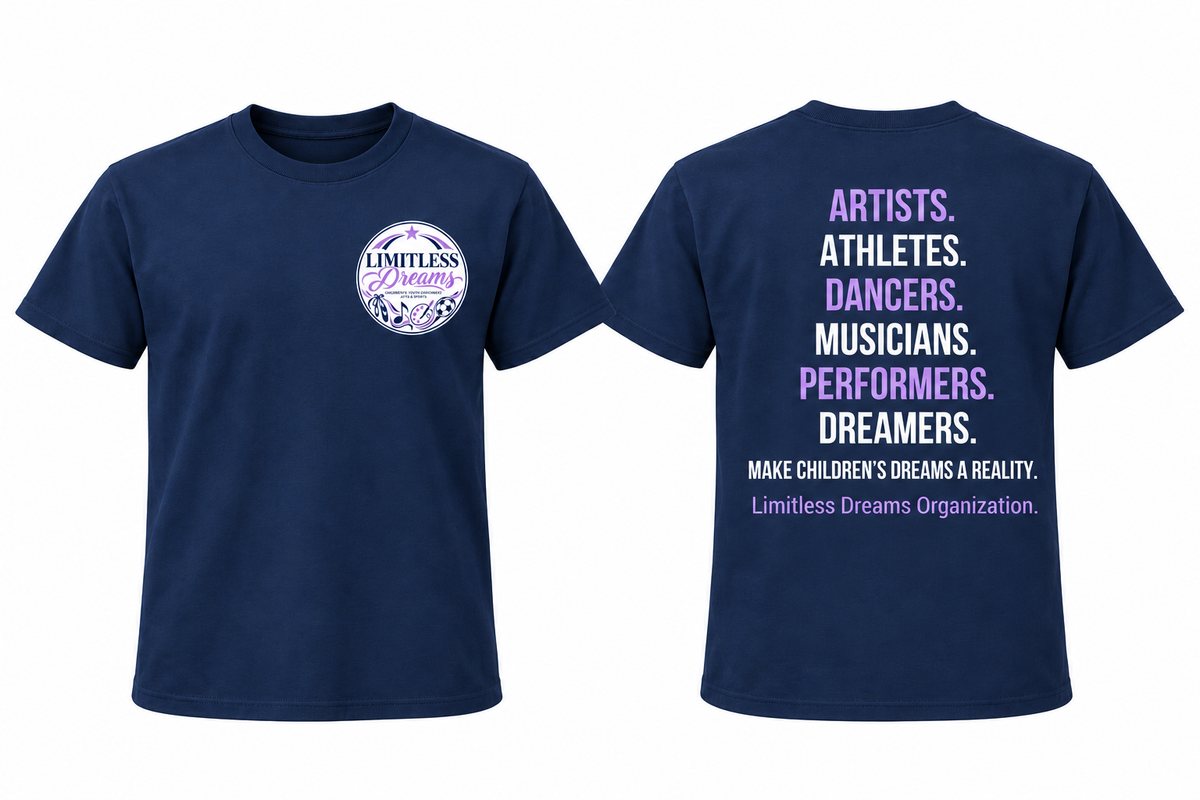 Limitless Dreams navy statement tee front and back mockup; illustrative placement preview