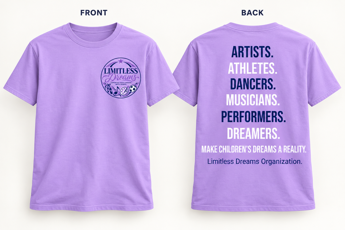 Limitless Dreams statement lavender T-shirt, user supplied front and back reference
