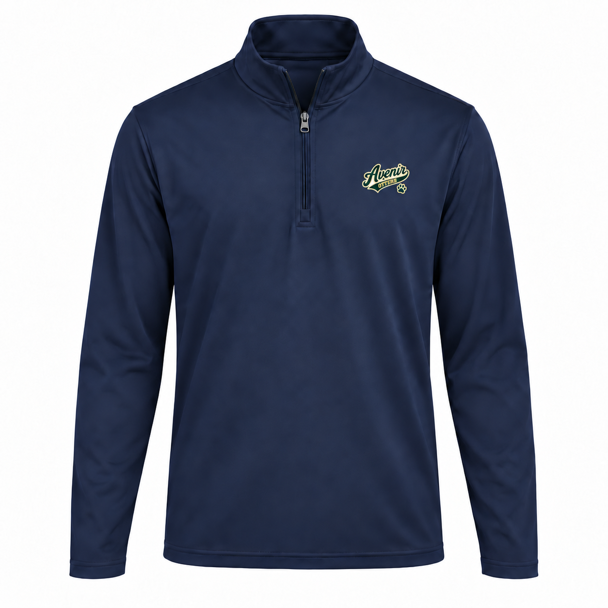 Somerset Avenir Green & Gold Script PosiCharge Competitor Quarter-Zip generated garment mockup in Navy.