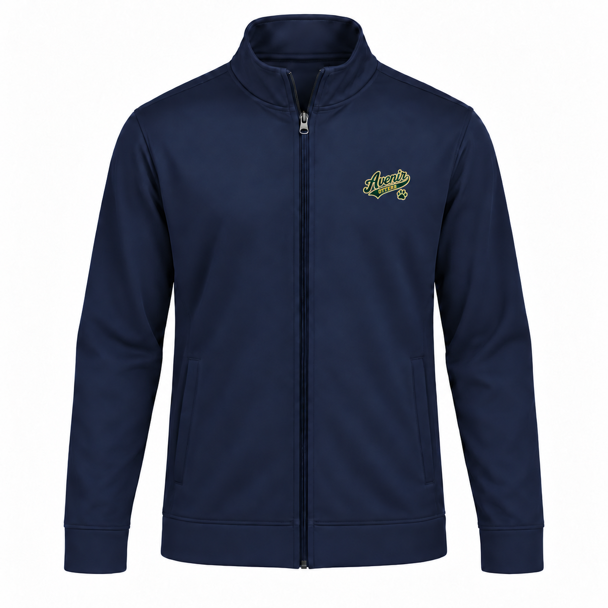 Somerset Avenir Green & Gold Script Sport-Wick Fleece Full-Zip Jacket generated garment mockup in Navy.