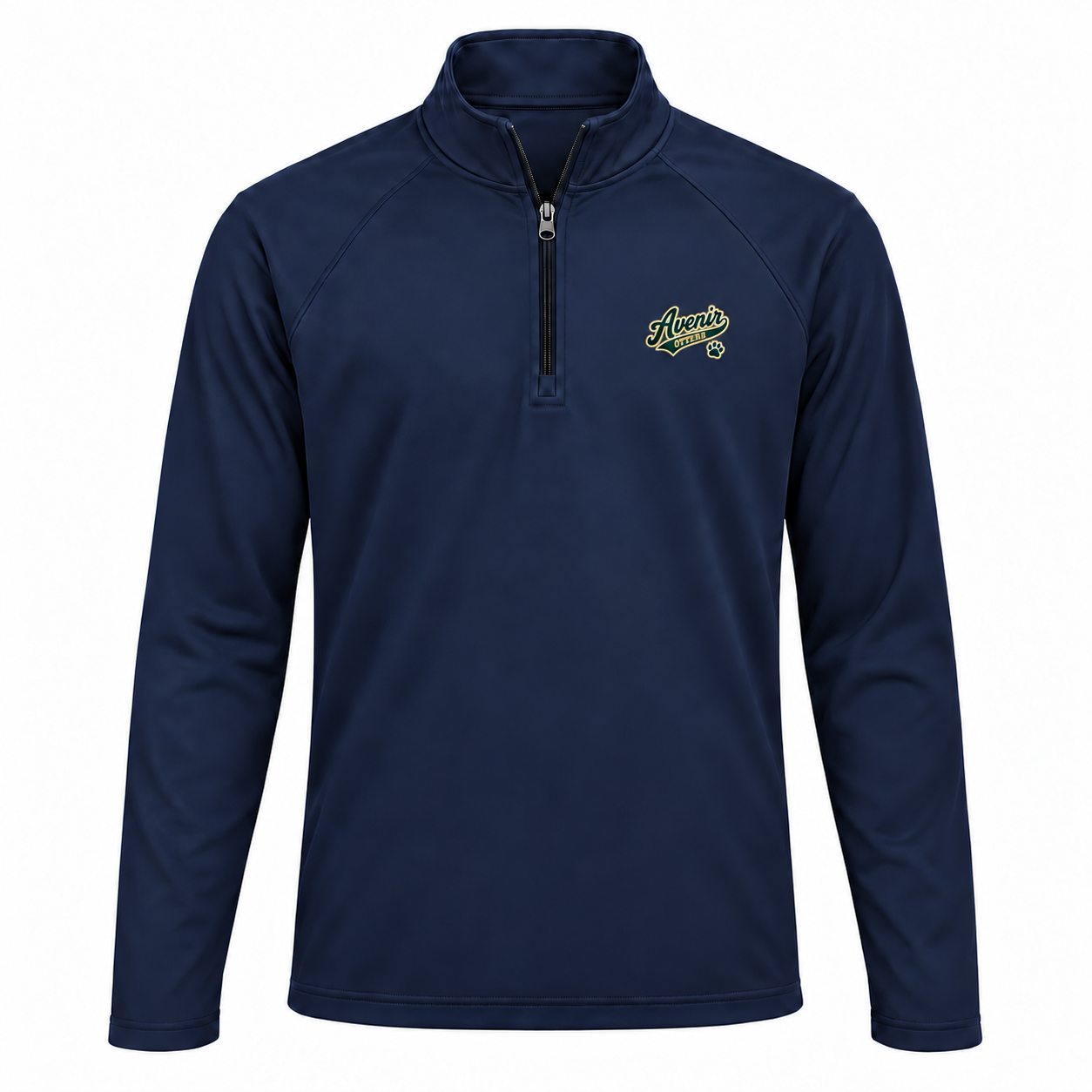 Somerset Avenir Green & Gold Script Sport-Wick Stretch Quarter-Zip generated garment mockup in Navy.