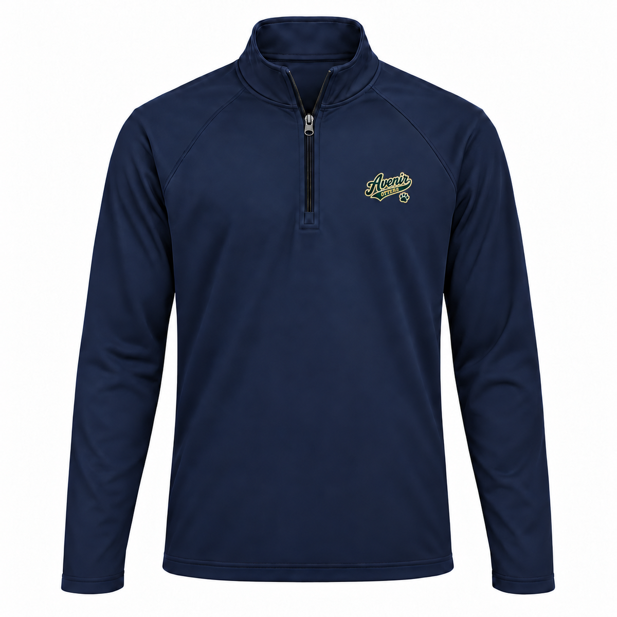 Somerset Avenir Green & Gold Script Sport-Wick Stretch Quarter-Zip generated garment mockup in Navy.