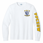 White cotton long-sleeve tee, PPCESW on wearer left sleeve only and Jaguar left chest