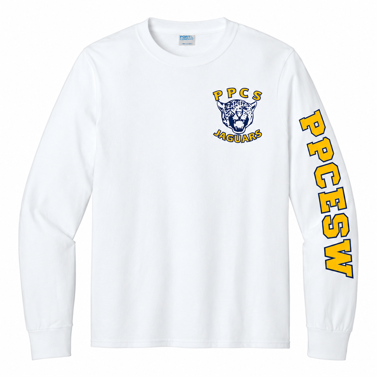 White cotton long-sleeve tee, PPCESW on wearer left sleeve only and Jaguar left chest