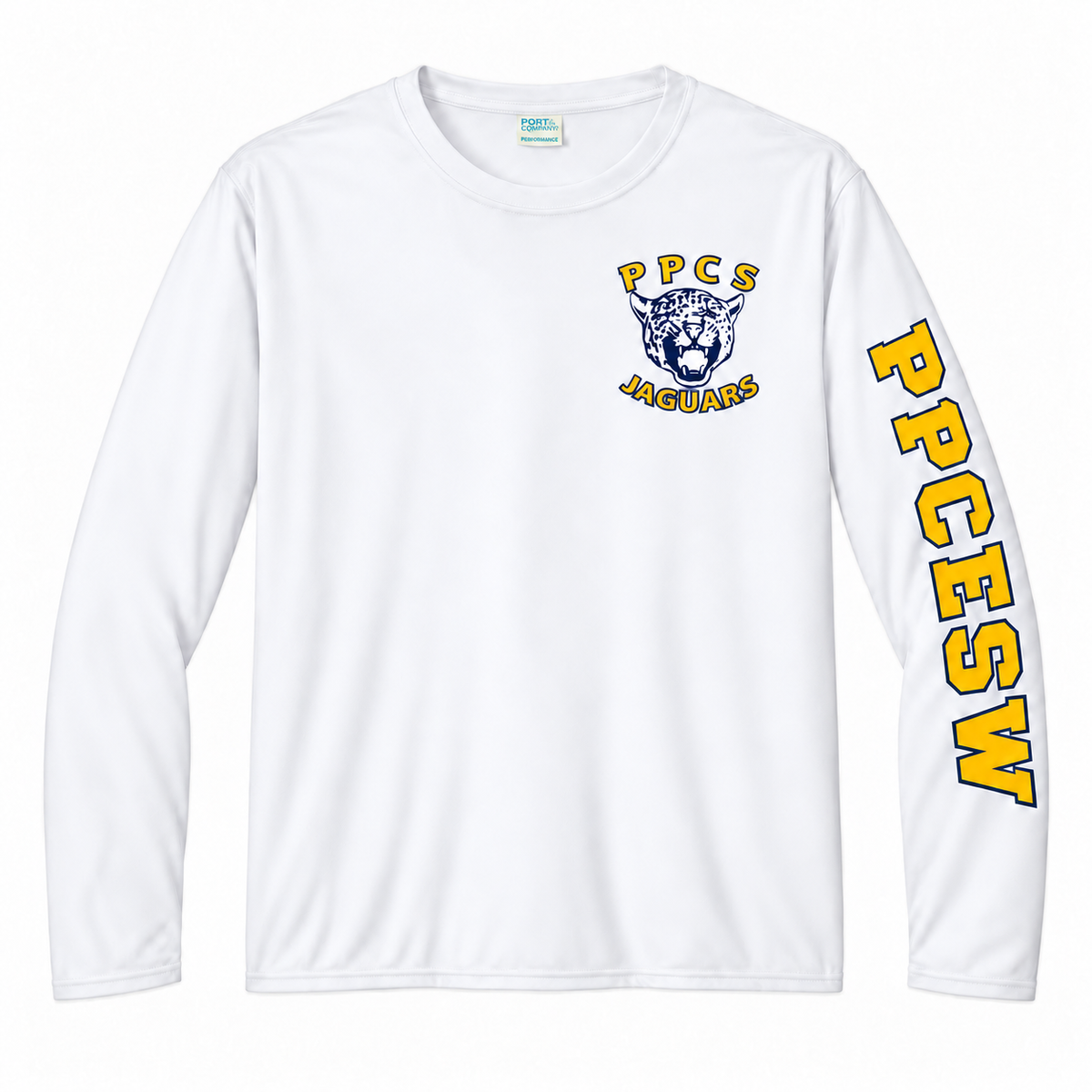 White performance long-sleeve tee, PPCESW on wearer left sleeve only and Jaguar left chest