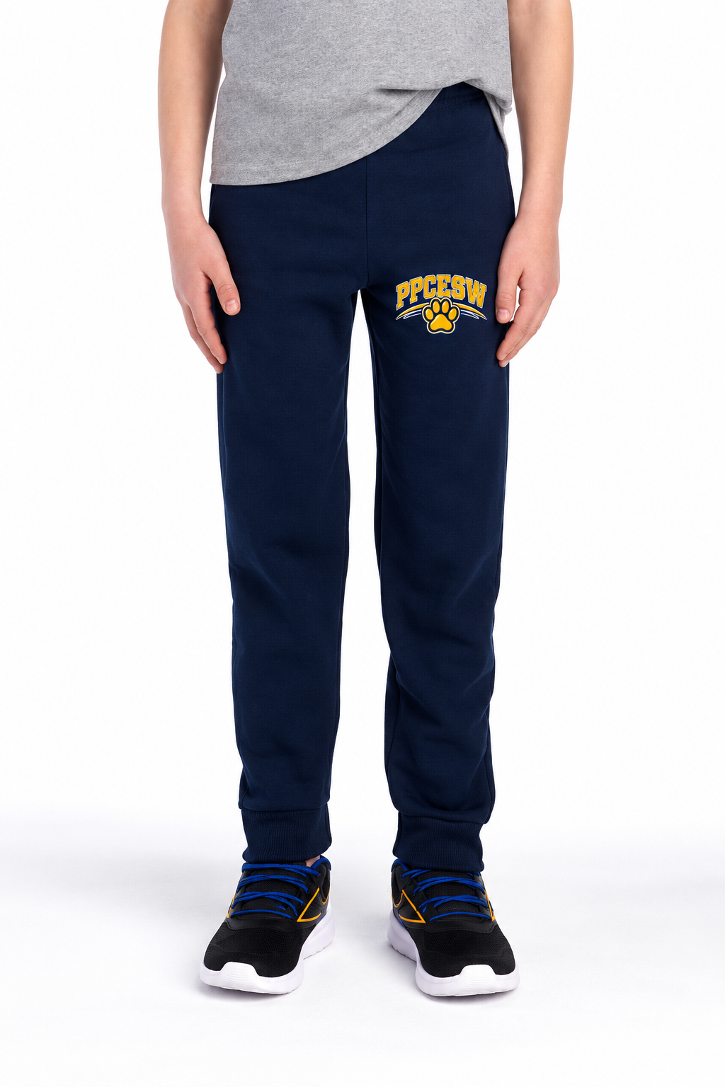 Jerzees J. Navy youth jogger mockup with PPCESW artwork at wearer’s left thigh