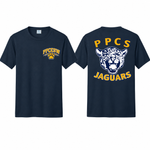 Port & Co performance tee mockup in Deep Navy with PPCESW left-chest and PPCS Jaguars back artwork