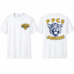 Port & Co performance tee mockup in White with PPCESW left-chest and PPCS Jaguars back artwork