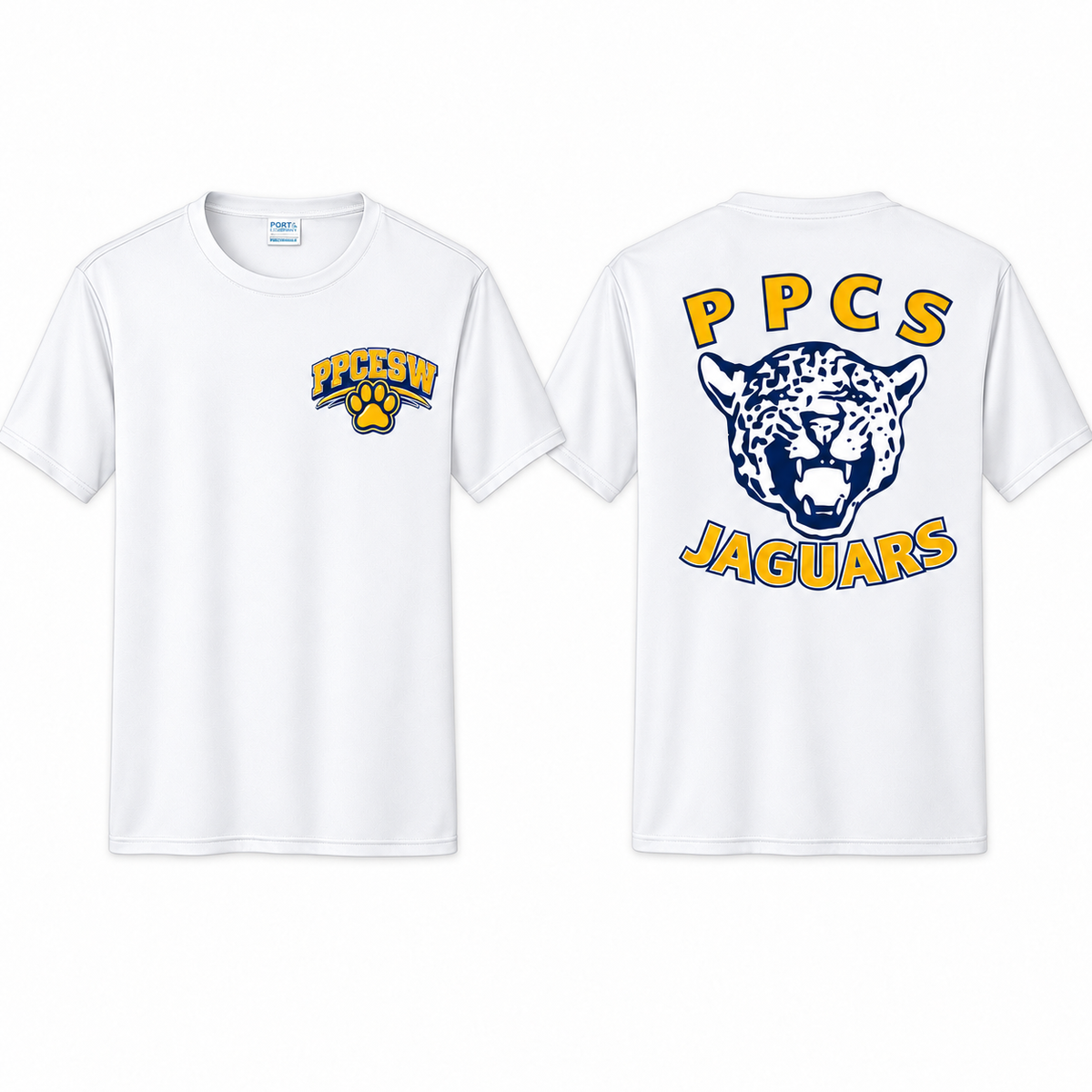 Port & Co performance tee mockup in White with PPCESW left-chest and PPCS Jaguars back artwork