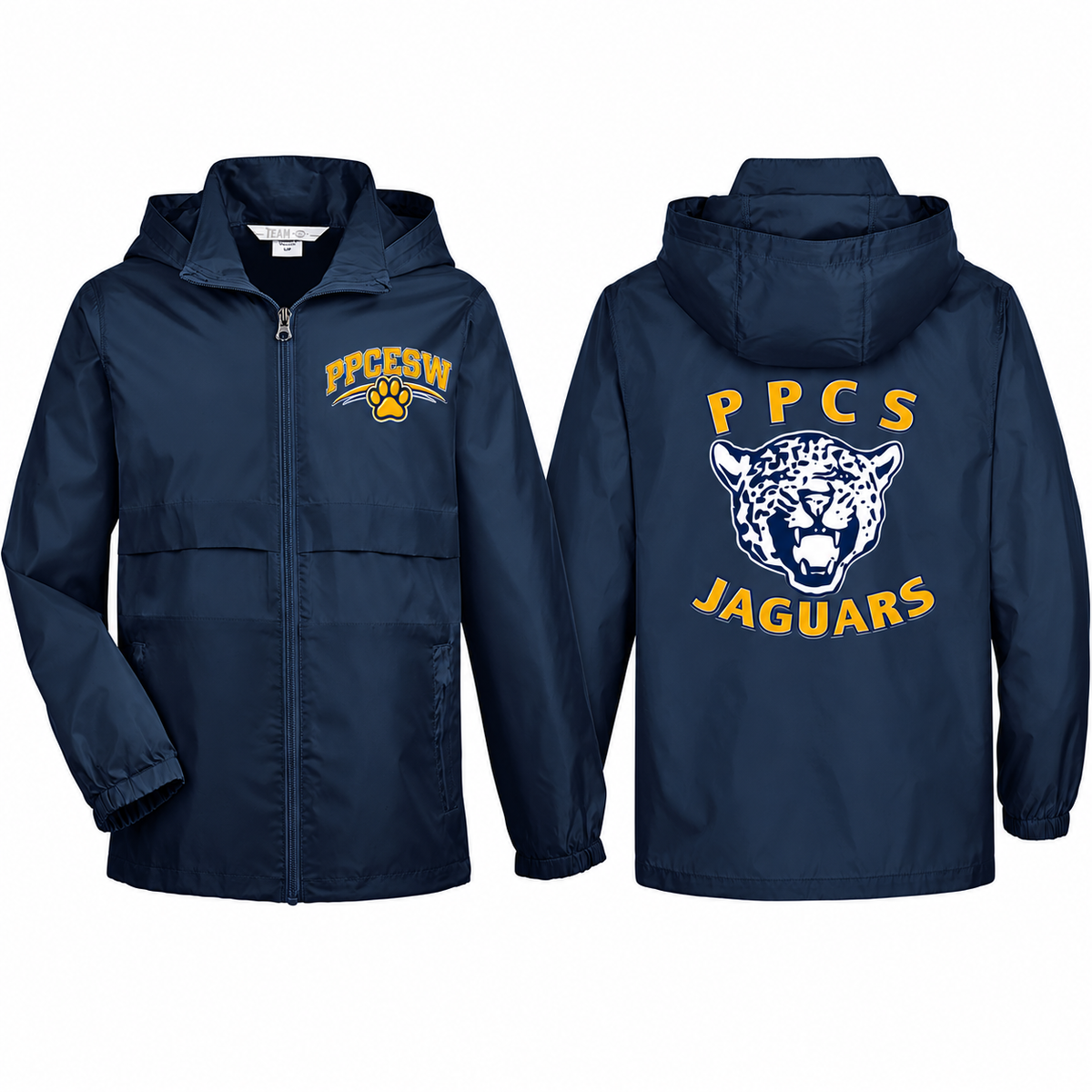 Sport Dark Navy Team 365 rain jacket mockup with PPCESW left-chest and PPCS Jaguars back artwork