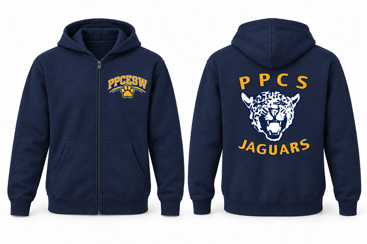 navy hooded full-zip sweatshirt with PPCESW paw at left chest and Jaguar artwork centered on back