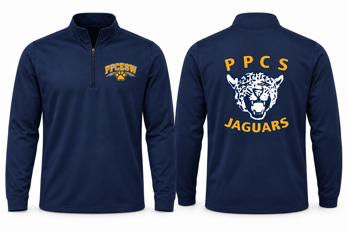 navy performance quarter-zip with PPCESW paw at left chest and Jaguar artwork centered on back