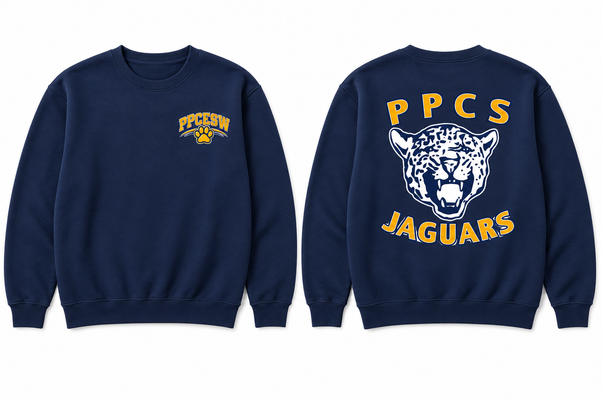 navy sweatshirt with PPCESW paw at left chest and Jaguar artwork centered on back