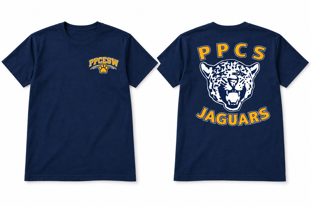 navy t-shirt with PPCESW paw at left chest and Jaguar artwork centered on back