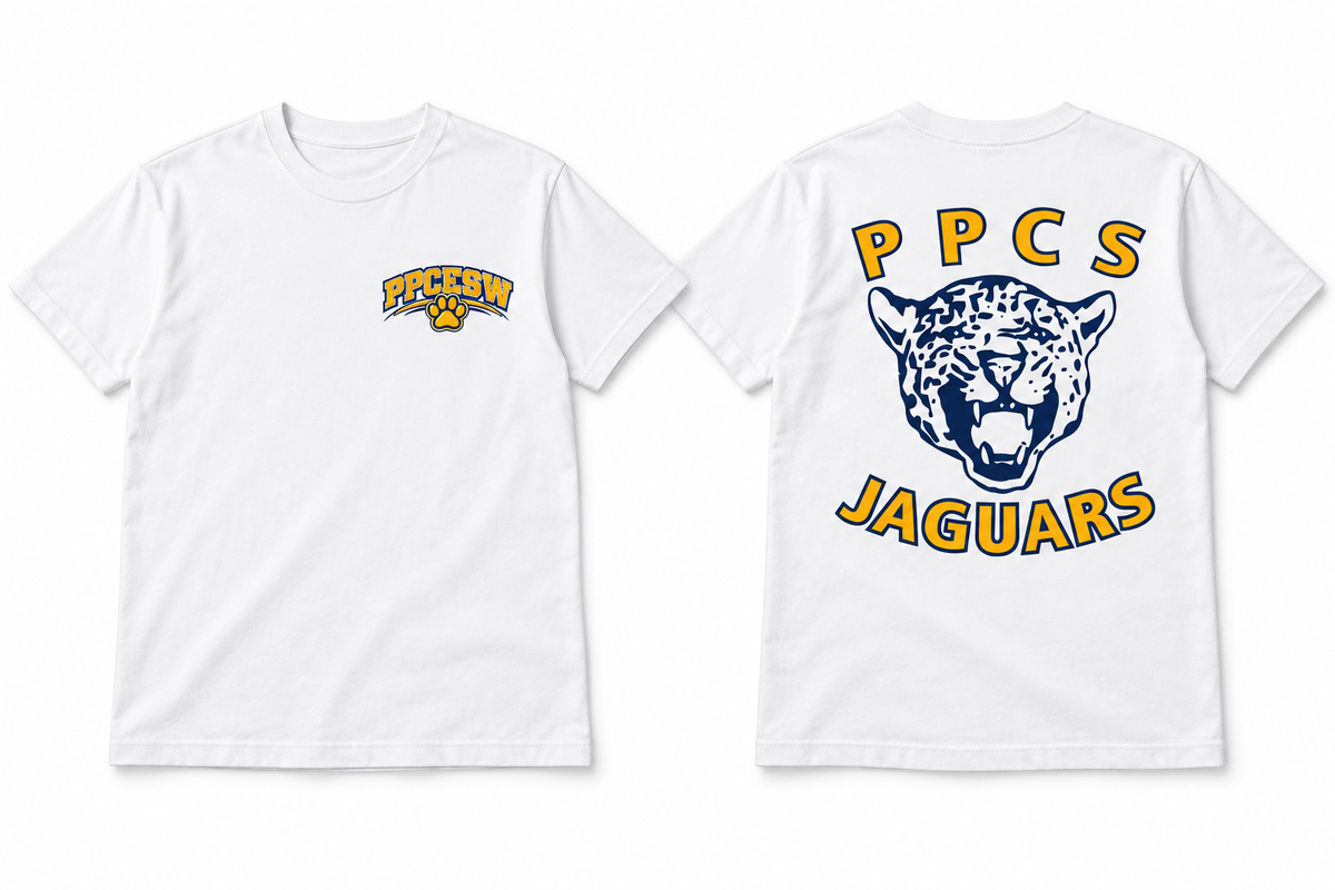 white t-shirt with PPCESW paw at left chest and Jaguar artwork centered on back