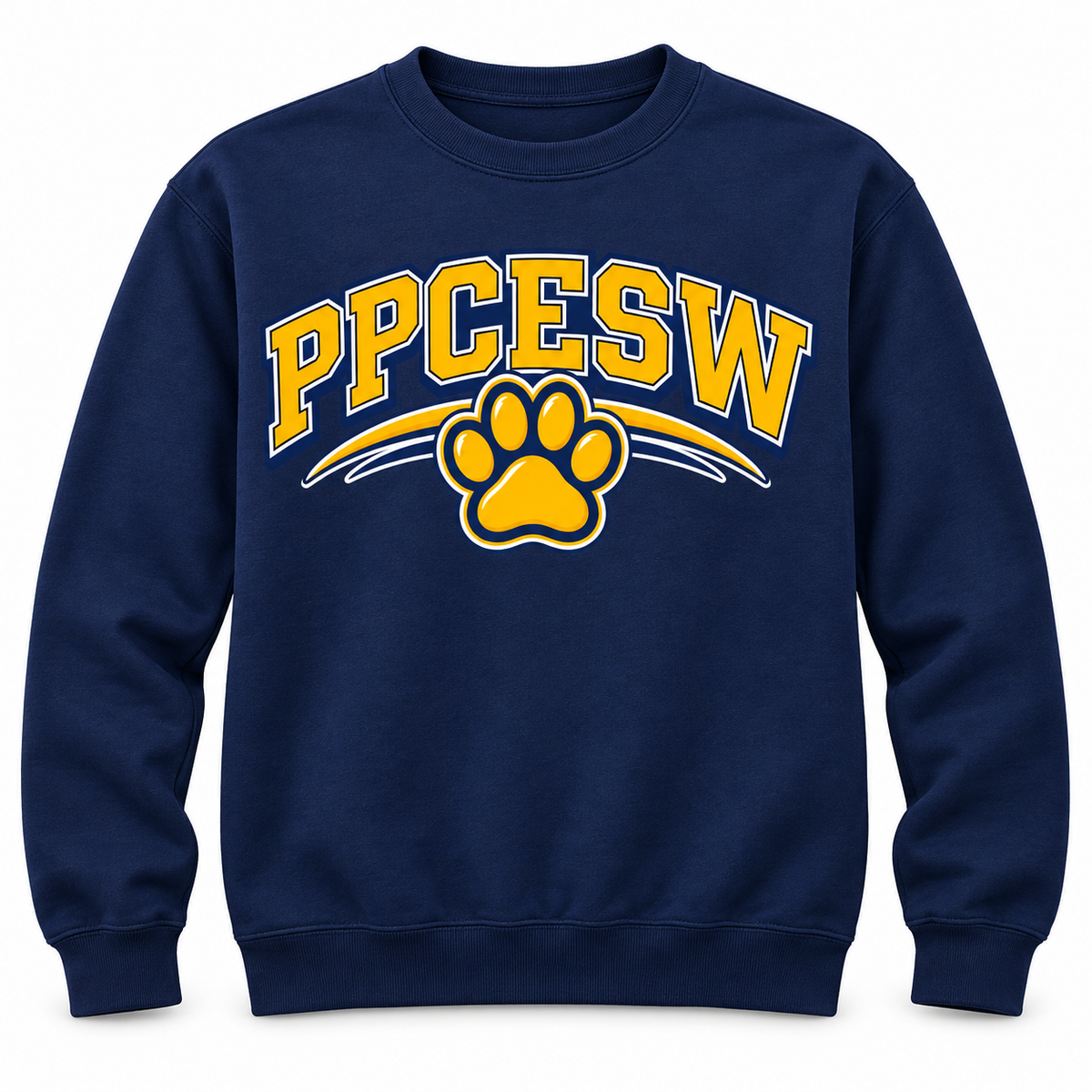 PPCESW paw artwork centered on a navy sweatshirt