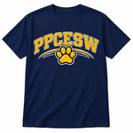 PPCESW paw artwork centered on a navy t-shirt