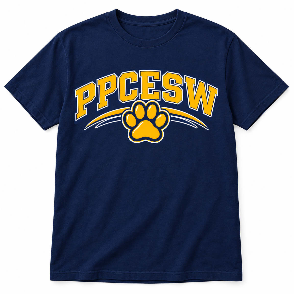 PPCESW paw artwork centered on a navy t-shirt