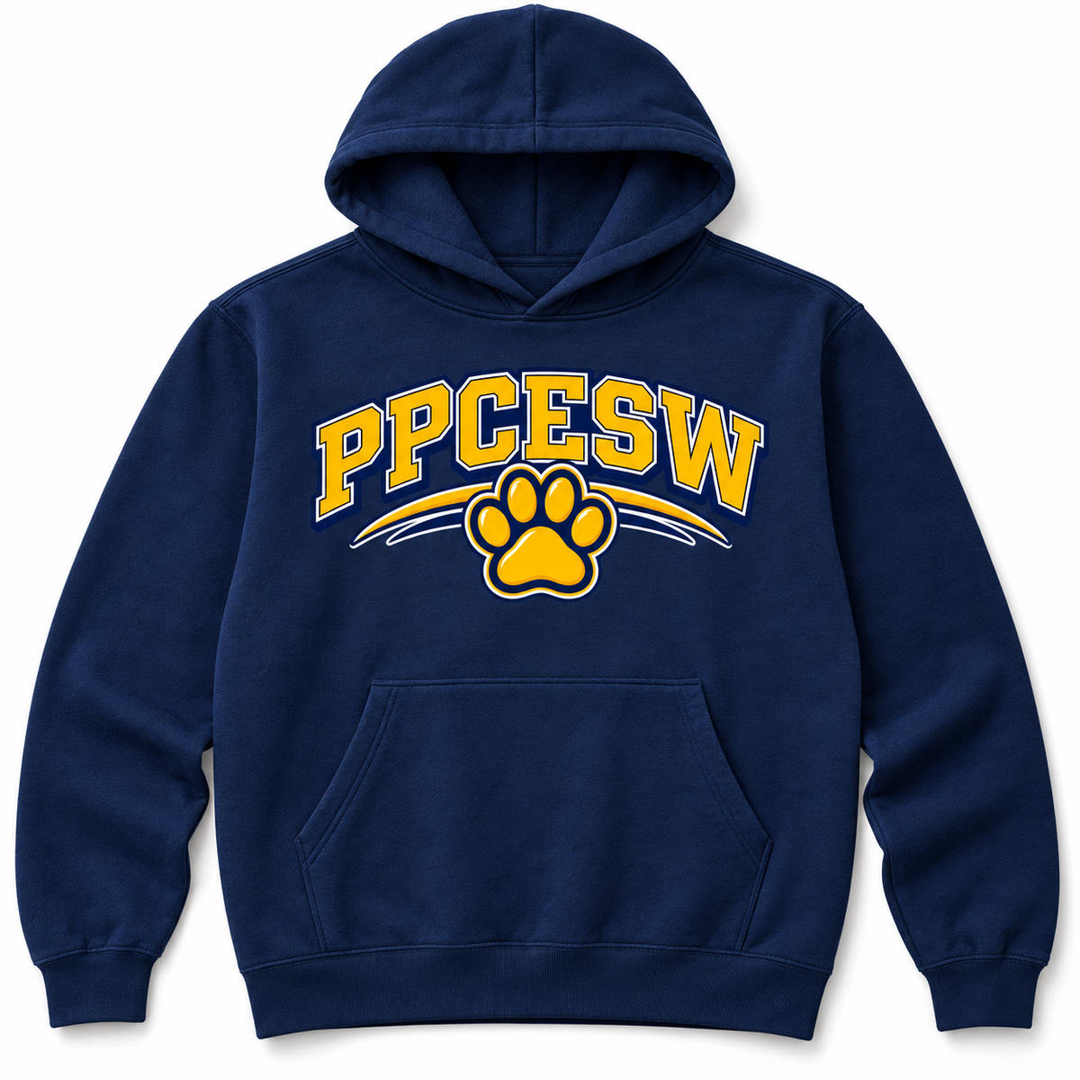 PPCESW paw artwork centered on a navy pullover hoodie