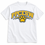 PPCESW paw artwork centered on a white t-shirt