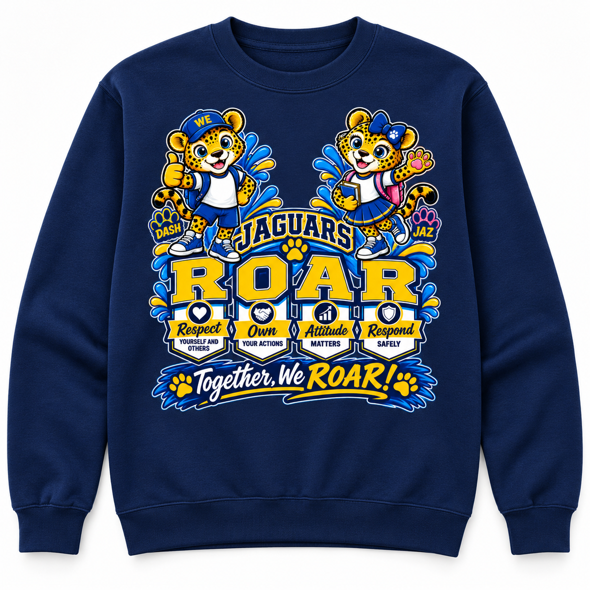 Jaguars ROAR Spirit artwork centered on a navy sweatshirt
