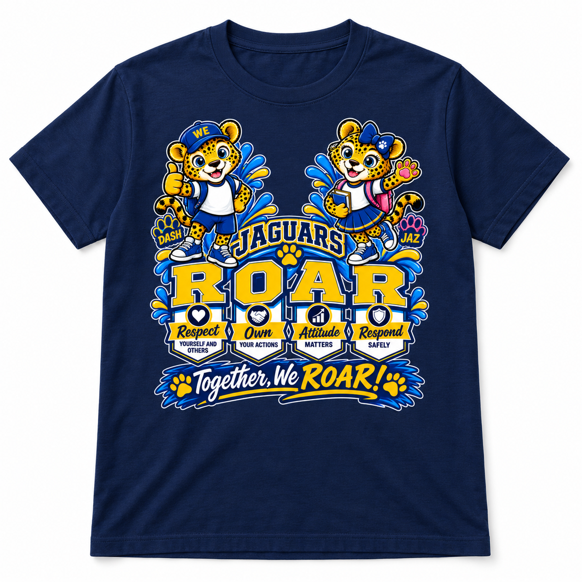 Jaguars ROAR Spirit artwork centered on a navy t-shirt