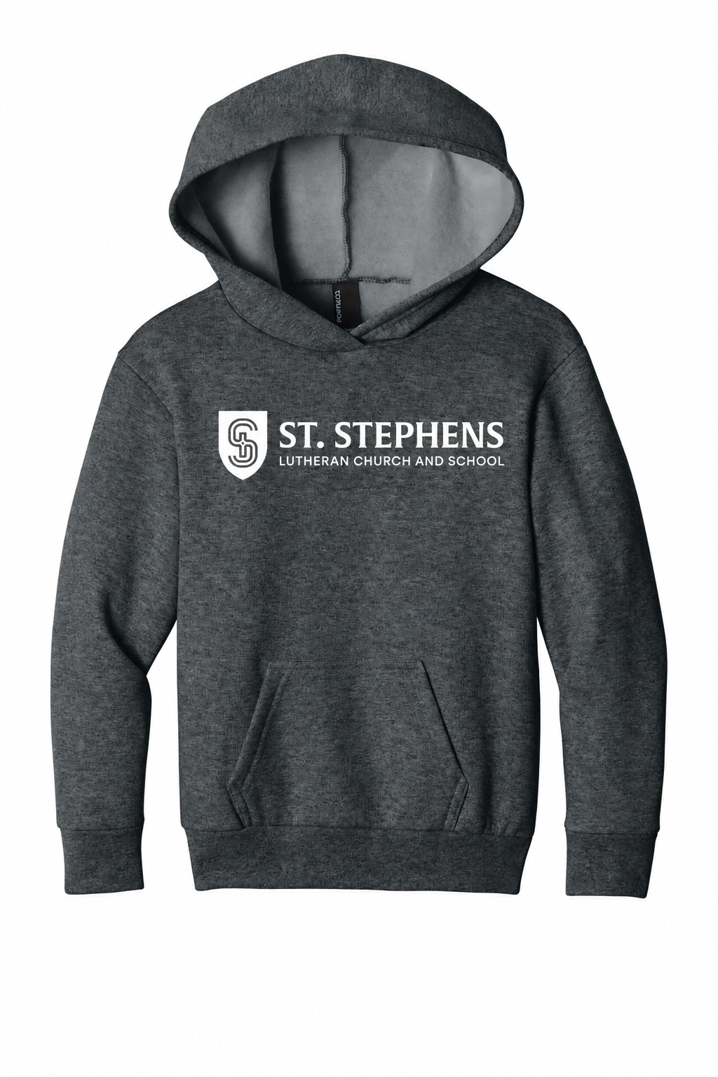 St. Stephens Lutheran youth Port & Co PC68YH hoodie in Dark Heather Grey with white school logo