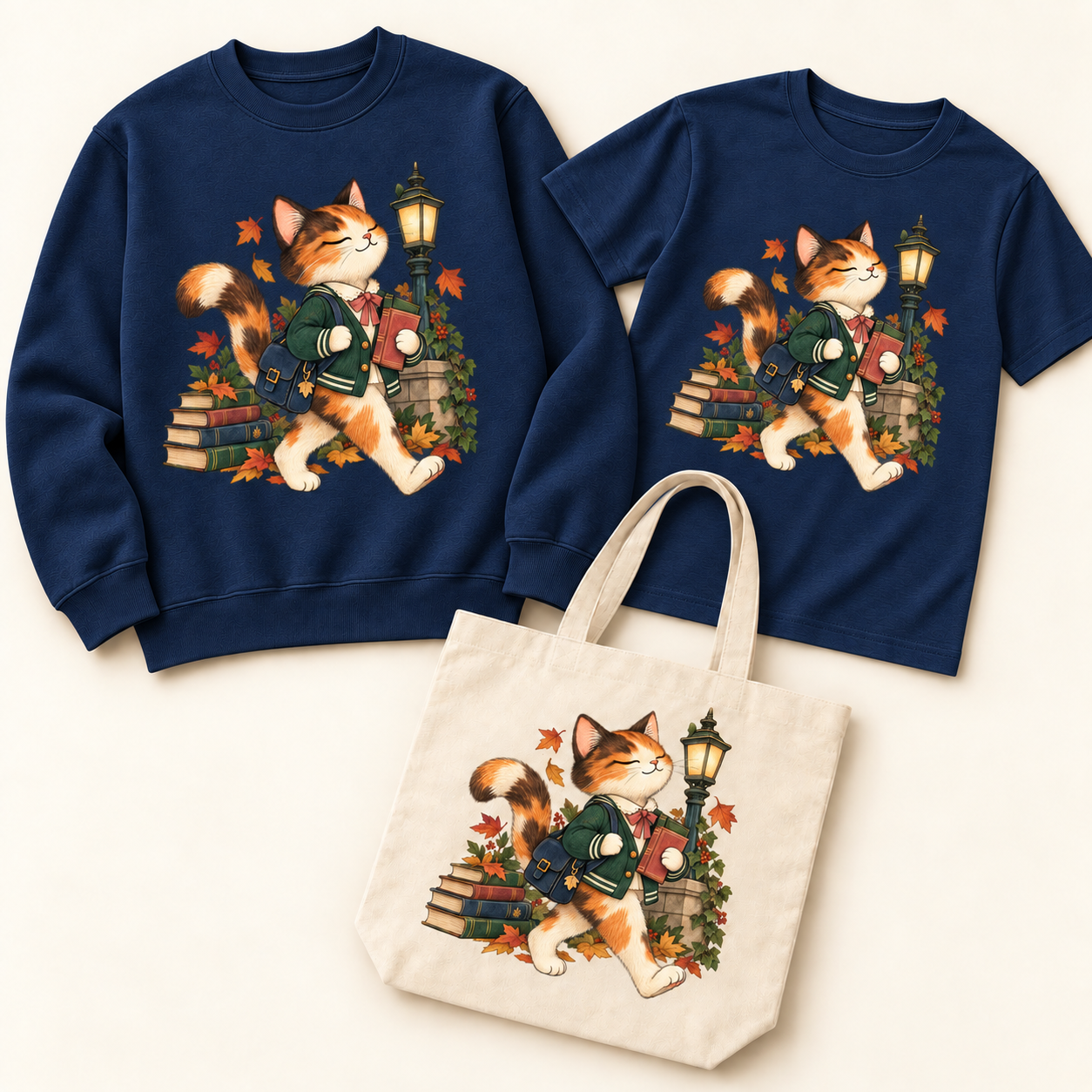 campus-book-cat — navy sweatshirt and T-shirt with natural canvas tote