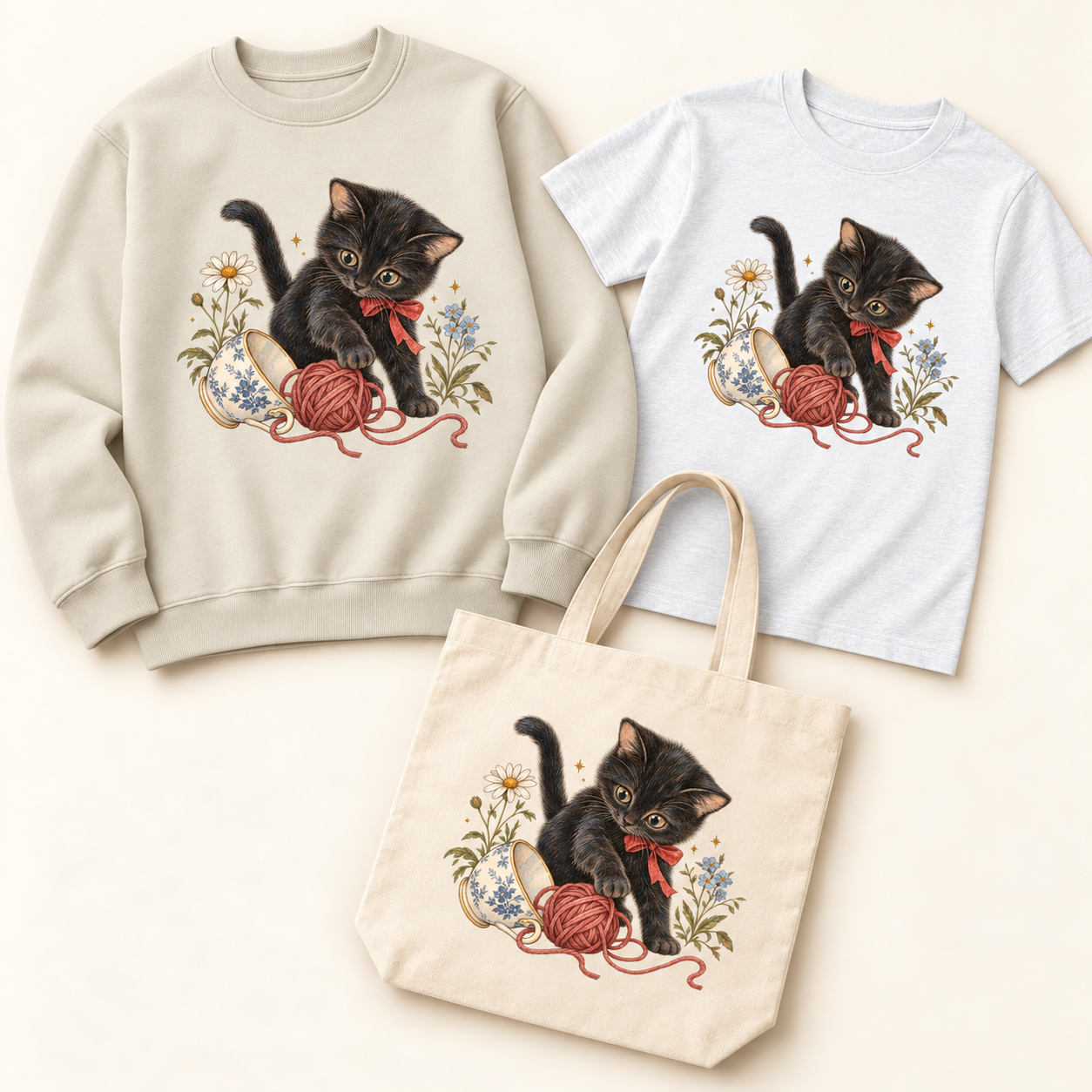 Storybook — Curious Kitten coordinated sweatshirt, T-shirt and canvas tote