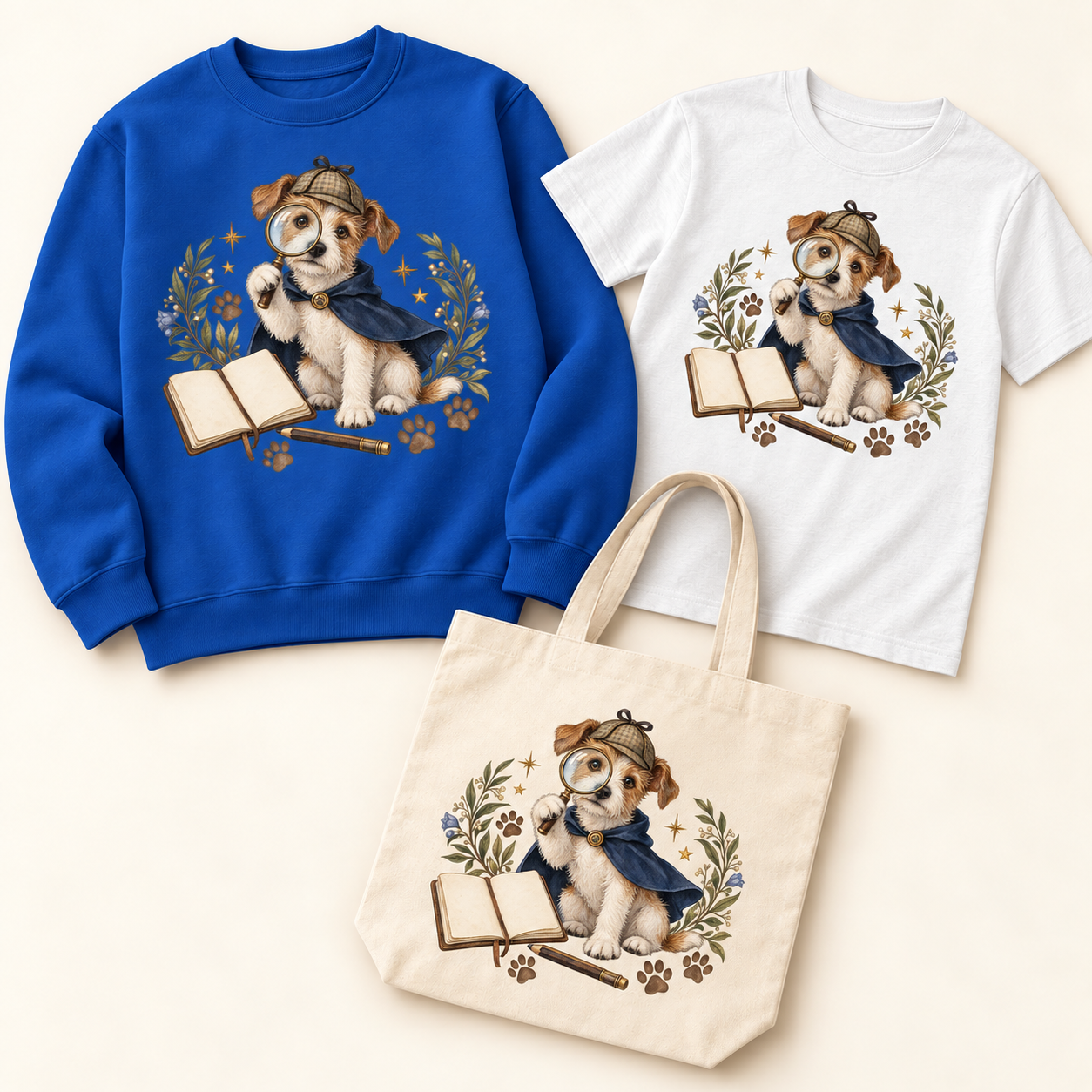 Storybook — Hero Dog Detective coordinated sweatshirt, T-shirt and canvas tote