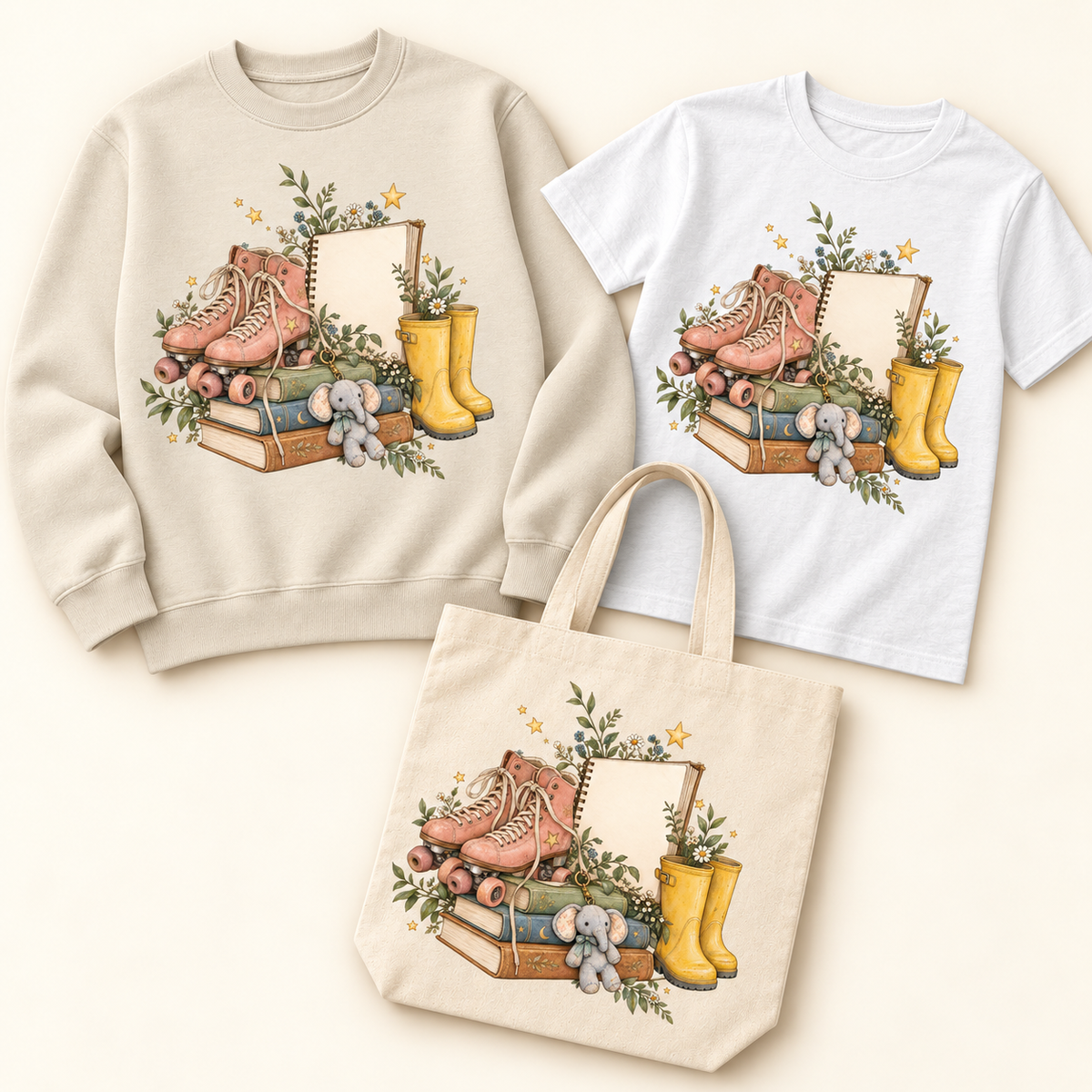 Storybook — Imaginative School Days coordinated sweatshirt, T-shirt and canvas tote