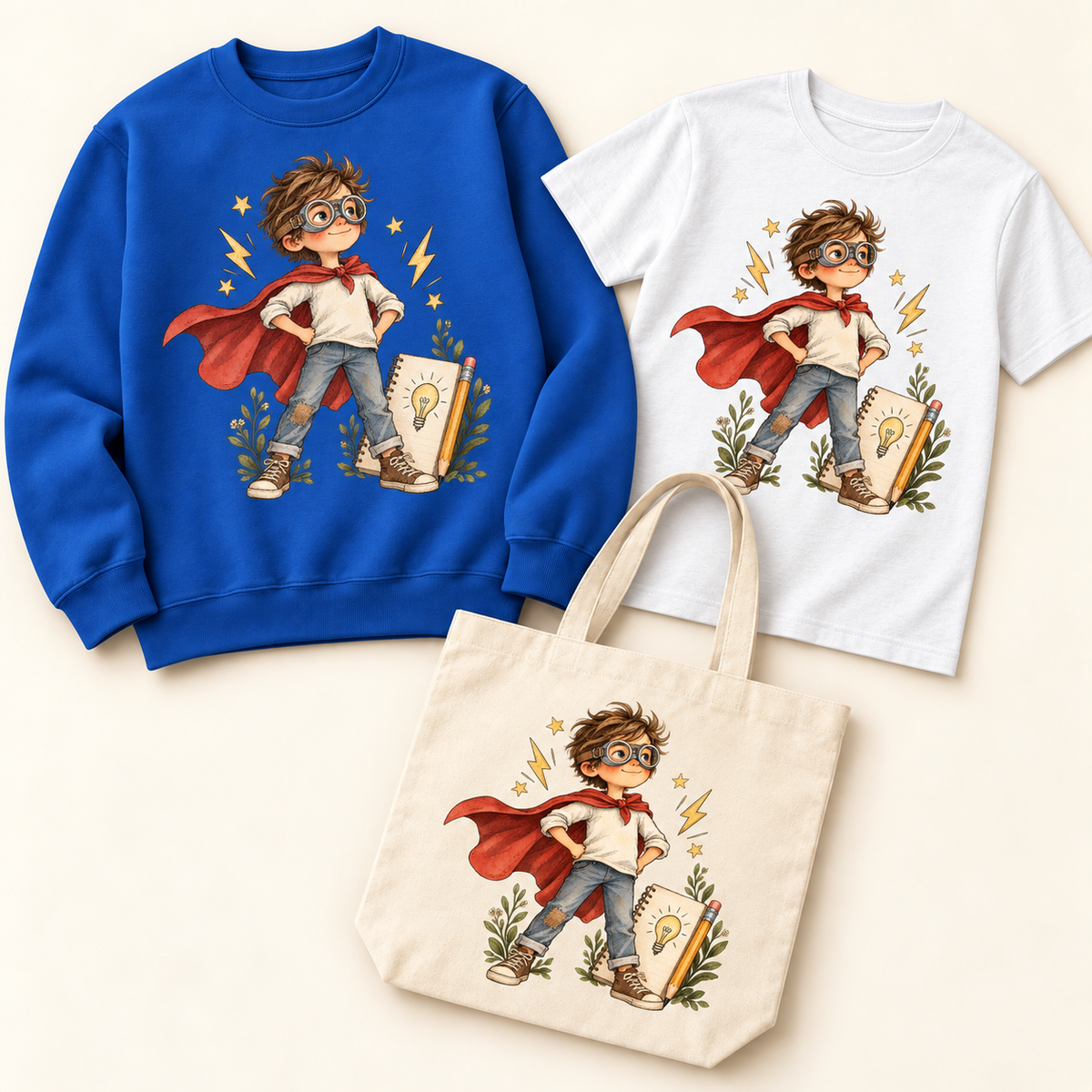 Storybook — Kid Superhero coordinated sweatshirt, T-shirt and canvas tote