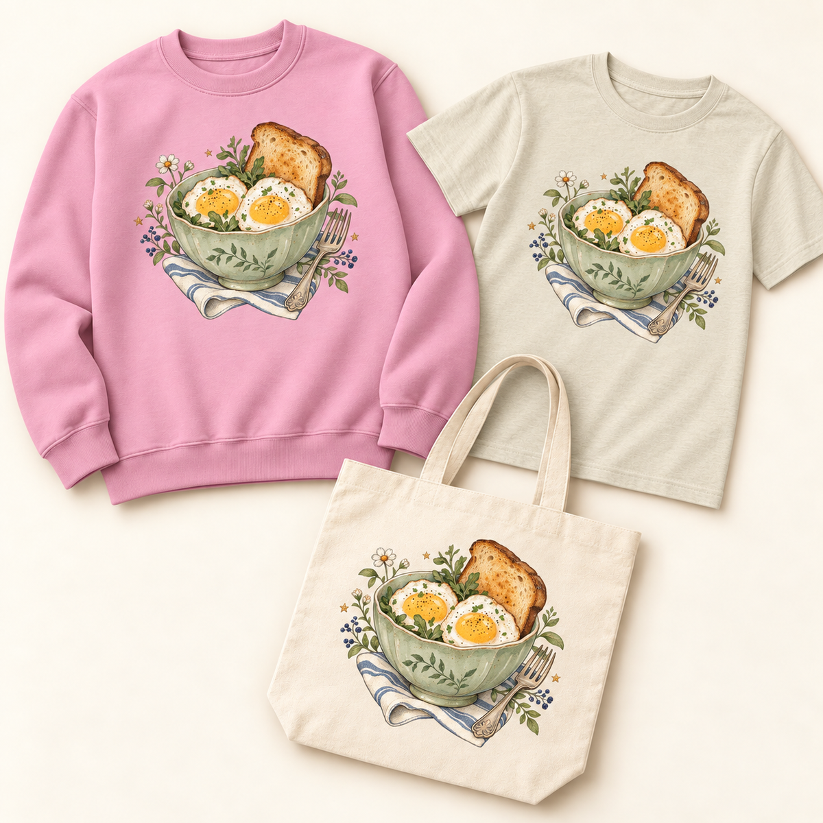 Storybook — Playful Breakfast coordinated sweatshirt, T-shirt and canvas tote