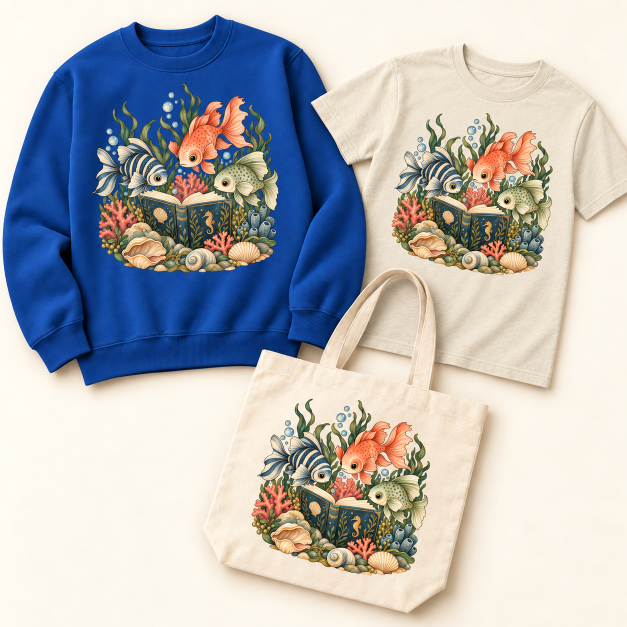 Storybook — Undersea Book Club coordinated sweatshirt, T-shirt and canvas tote