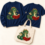 Library Dragon — Navy sweatshirt and T-shirt with natural canvas tote