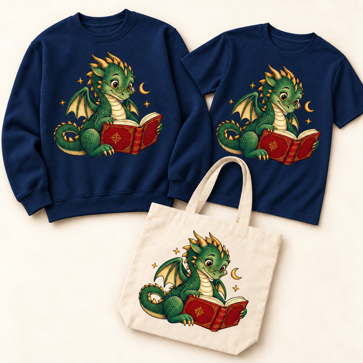 Library Dragon — Navy sweatshirt and T-shirt with natural canvas tote