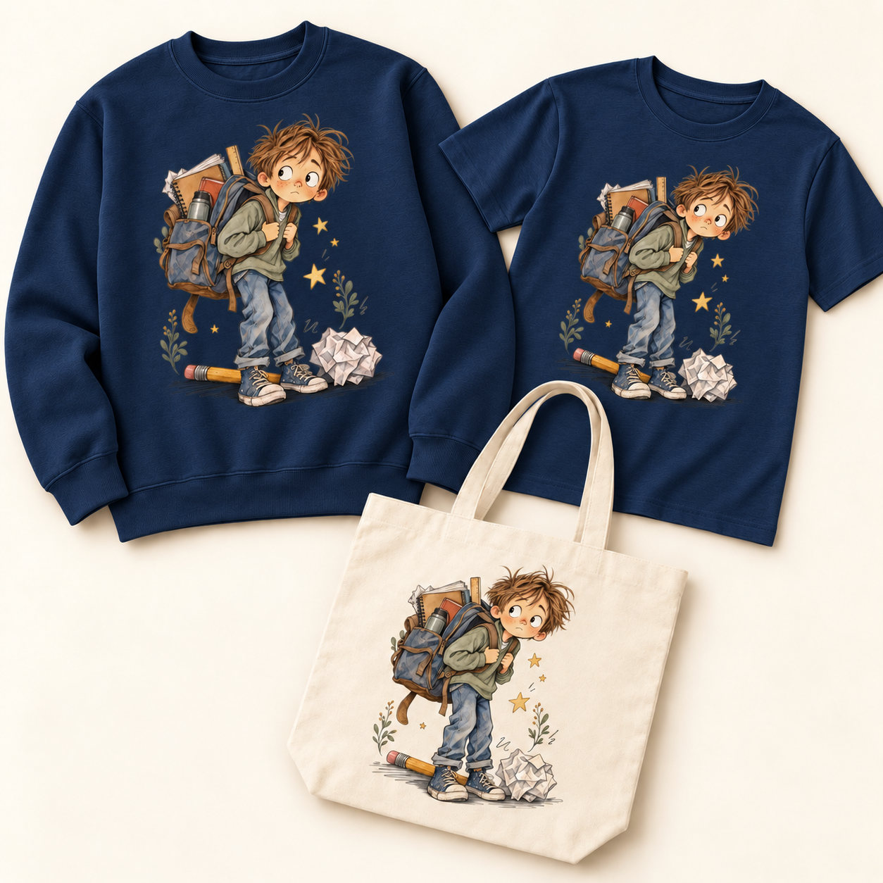 notebook-school-days — navy sweatshirt and T-shirt with natural canvas tote