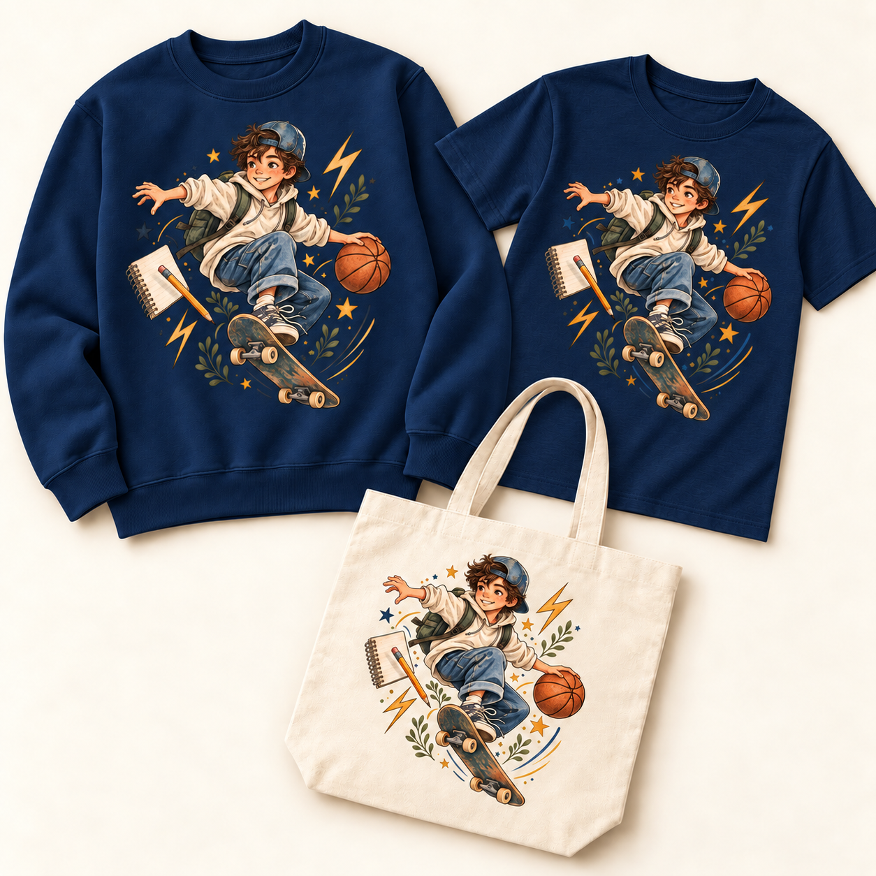 school-comic-adventure — navy sweatshirt and T-shirt with natural canvas tote