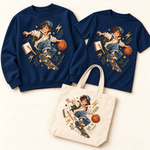 school-comic-adventure — navy sweatshirt and T-shirt with natural canvas tote