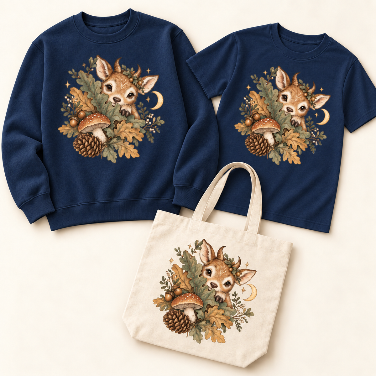 woodland-creature — navy sweatshirt and T-shirt with natural canvas tote