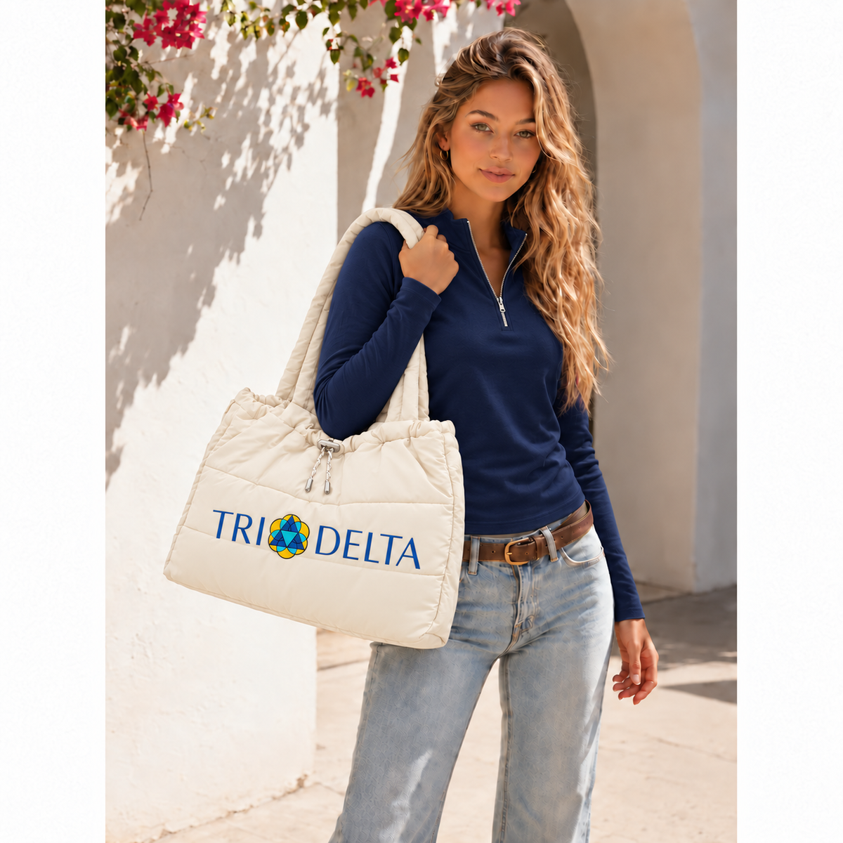 Tri Delta Drawstring Puffy Quilted Padded Nylon Shoulder Tote Bag