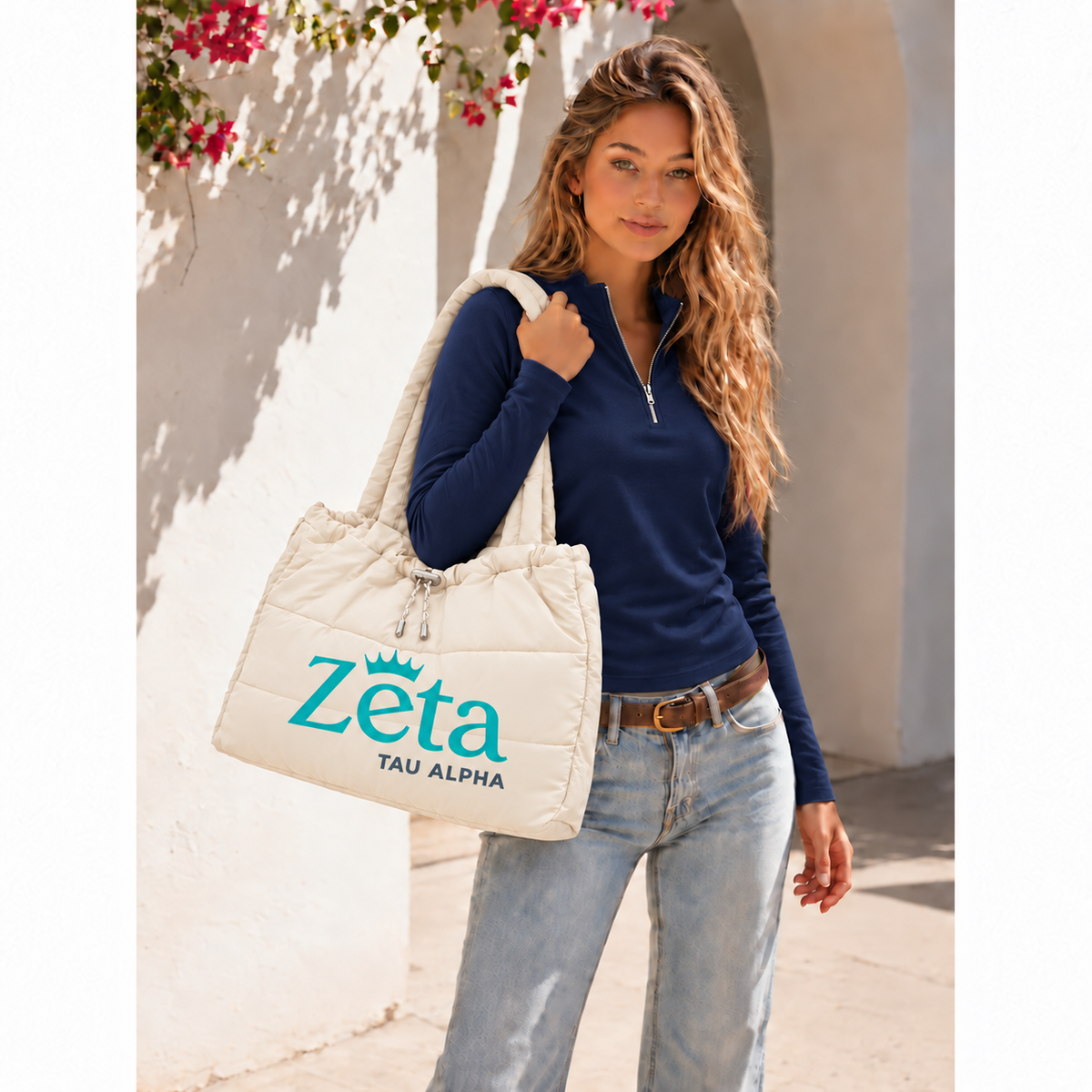 Zeta Tau Alpha Drawstring Puffy Quilted Padded Nylon Shoulder Tote Bag